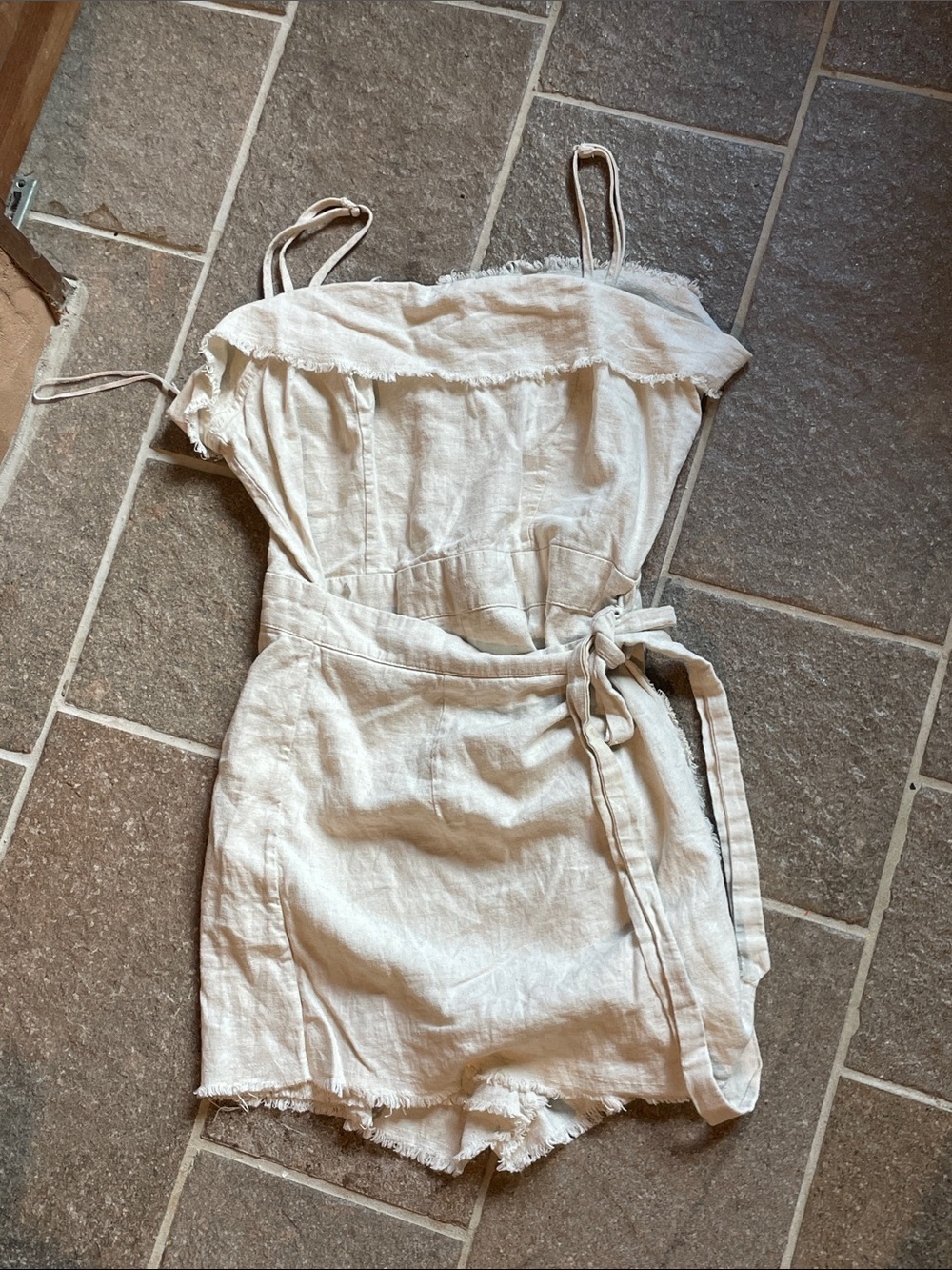 Princess Polly Cream Linen-Blend Mini Romper with Tie Waist